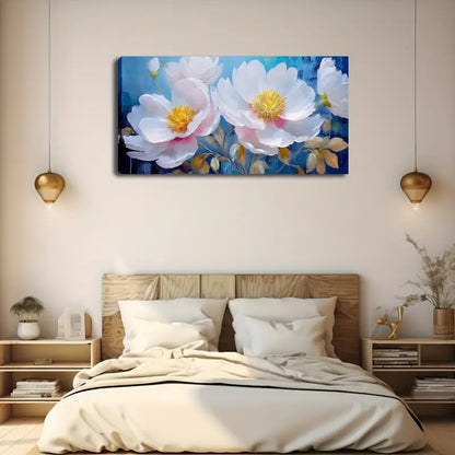 White Flowers with Yellow Center Wall Art Canvas Office Home Room Framed 120x60cm - Bella Home Decor
