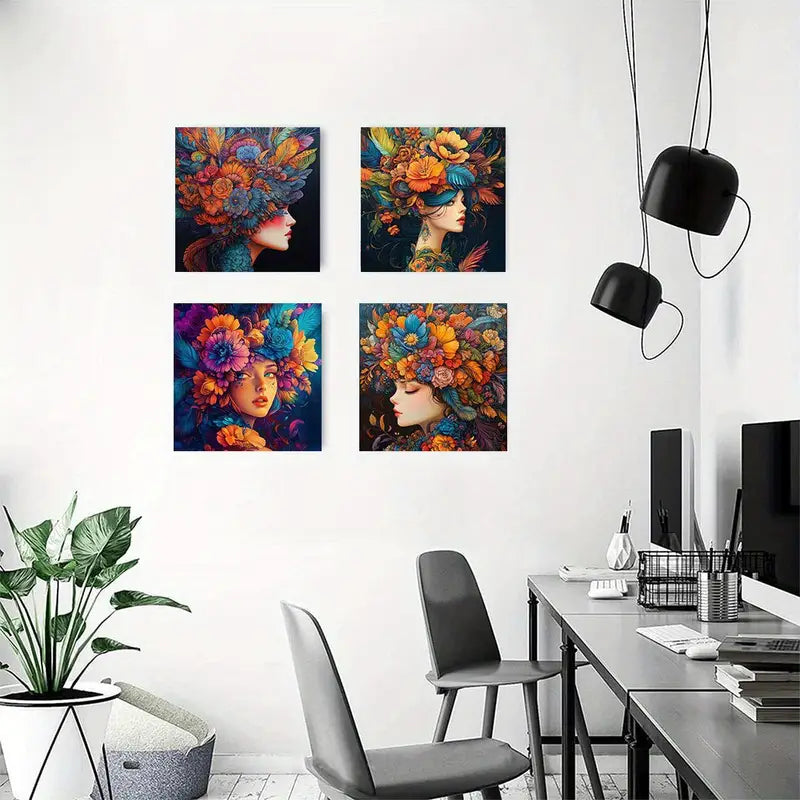 4pcs  Girl Power and Flower for home   GH   Wall Art Canvas Framed