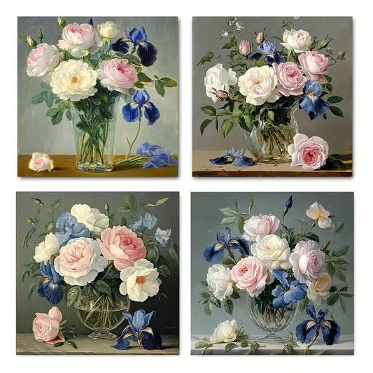 4pcs Elegant Floral Arrangements In Glass VasesWall Art Canvas Framed