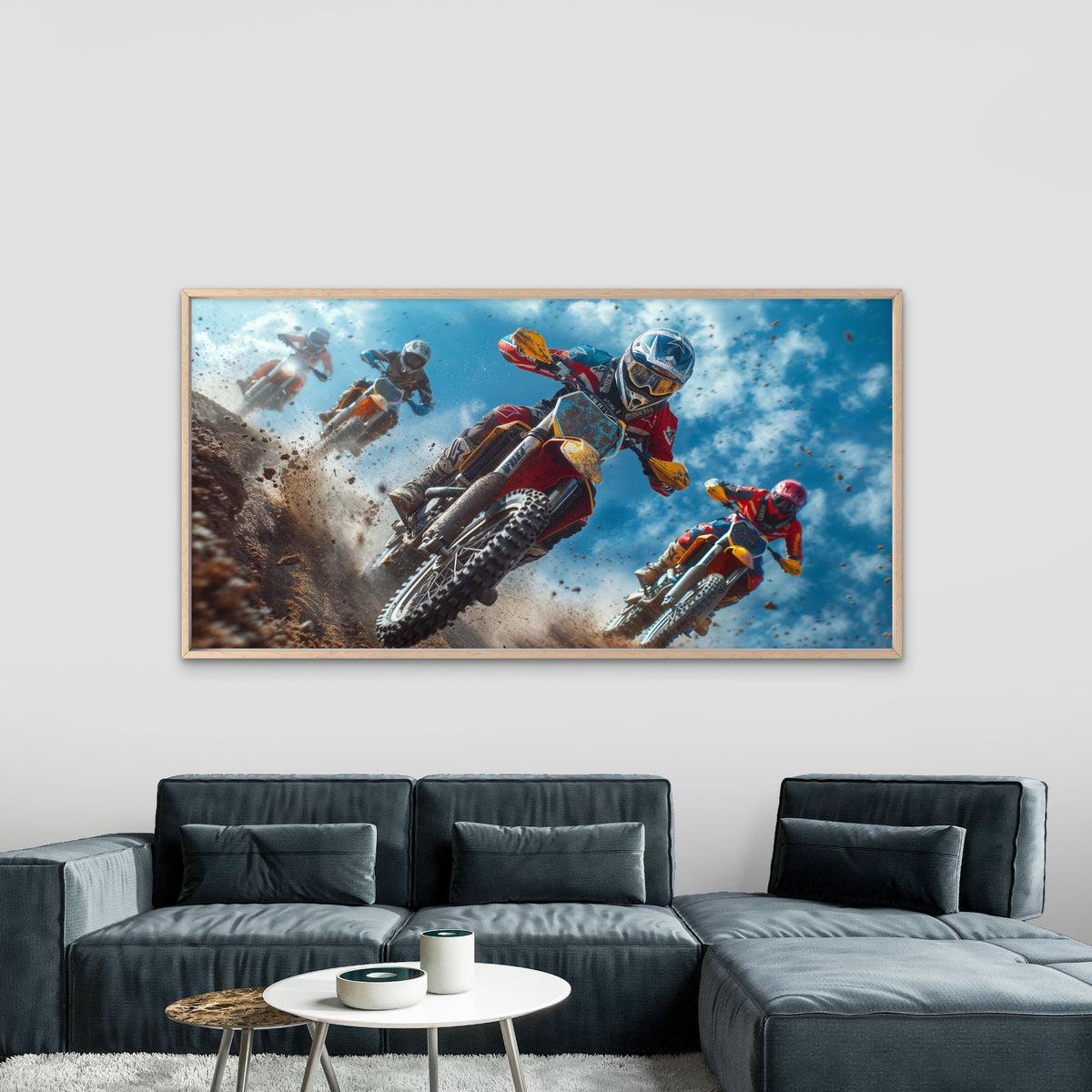 Motocross Riders Kick Up Dirt Wall Art Canvas Office Home Room Framed 120x60cm
