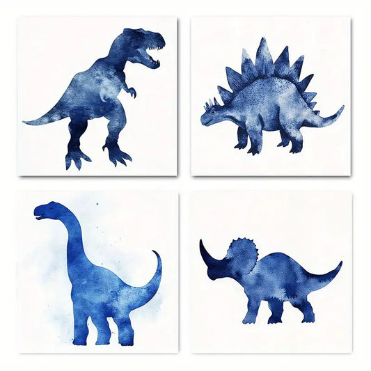 4pcs Blue Watercolor Dinosaur Wall Decor Wall Art Canvas Framed