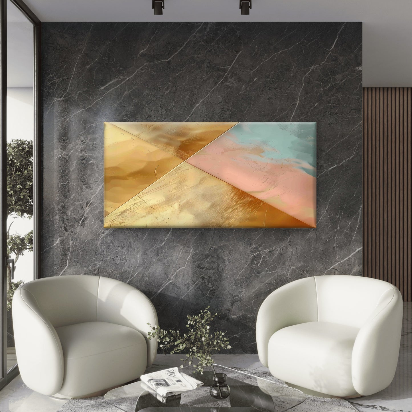 Gold Foil Blush Geometric Wall Art Canvas Office Home Room Framed 120x60cm