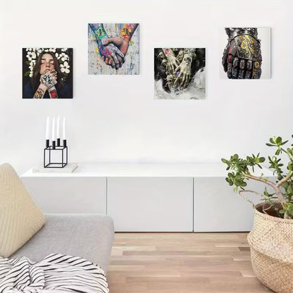 4pcs Colorful Graffiti Street Handshake Wall Art Canvas Framed