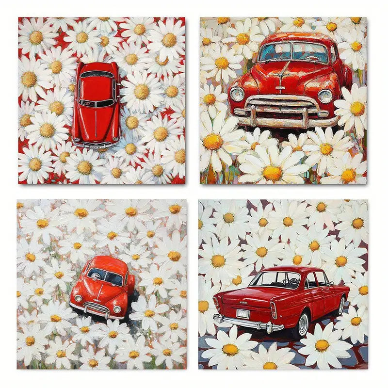4pcs  Painting Floral Car Wall Art Canvas Framed