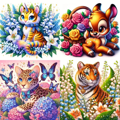 4pcs Tiger Lepord Deerr Wall Art Canvas Framed