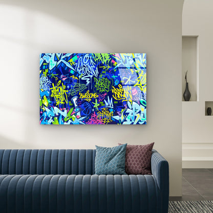 Cool Neon Blue Graffiti  Acrylic Glass Printing Wall Art Australian Made Quality