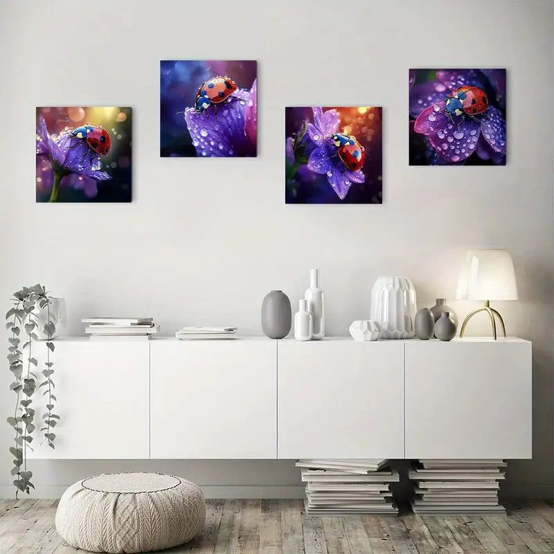 4pcs Vibrant Beetle & Flower Wall Art Canvas Framed
