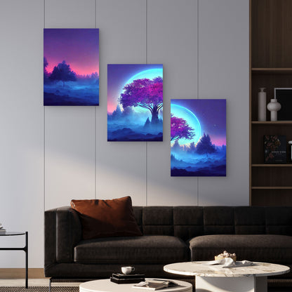 3pcs Majestic Tree Of Life Under Neon Moon Metal Print Ready to Hang Art - Bella Home Decor