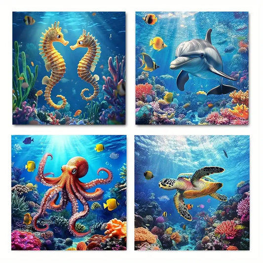 4pcs  Blue ocean turtle dolphin whale fish Print   Wall Art Canvas Framed