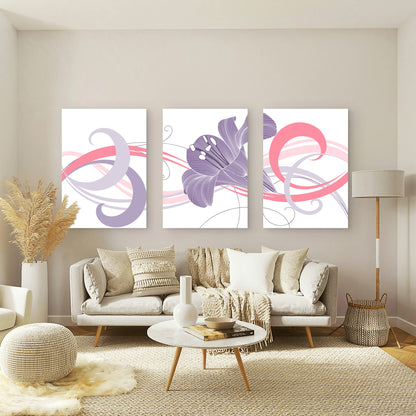 3pcs Purple Lily Flower Pink Abstract Swirl  Wall Art Set Canvas Framed 60x90cm - High Quality Print 100% Australian Made Wall Canvas Ready to Hang