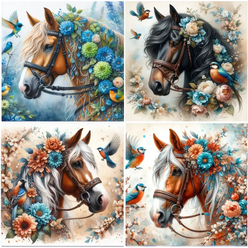 4pcs Horse And Flower Wall Art Canvas Framed