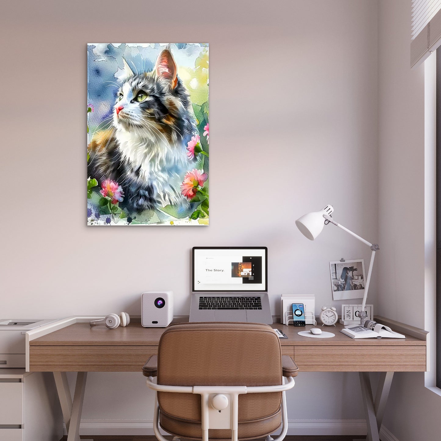 Watercolor Longhair Cat Garden Fluffy Kitten 40x60cm Metal Print Ready to Hang