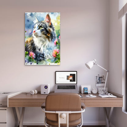 Watercolor Longhair Cat Garden Fluffy Kitten 40x60cm Metal Print Ready to Hang