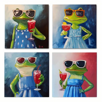 4pcs Glasses Frog Drink Wall Art Canvas Framed