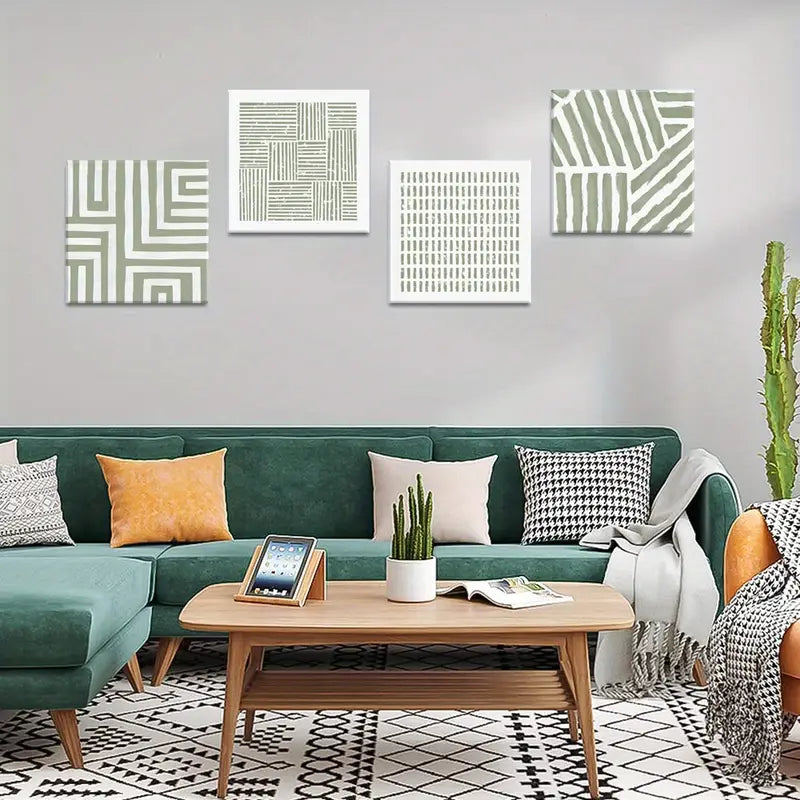 4pcs  Green Geometry Graphics Square Artwork  Wall Art Canvas Framed