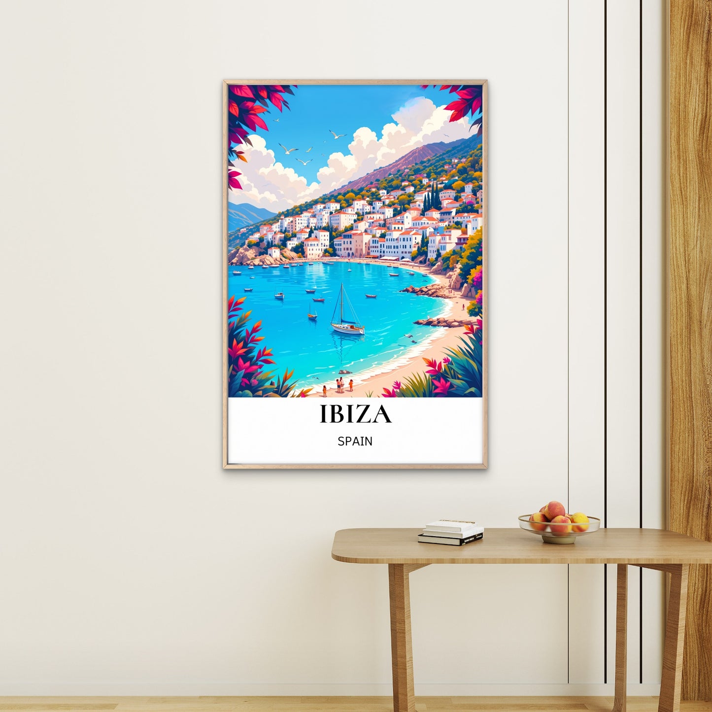 Ibiza Coastal Town With Sailboat & Blue Bay Spain  Town Travel Poster Print Wall Art