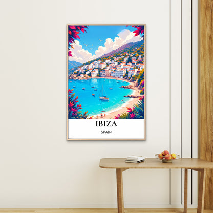 Ibiza Coastal Town With Sailboat & Blue Bay Spain  Town Travel Poster Print Wall Art