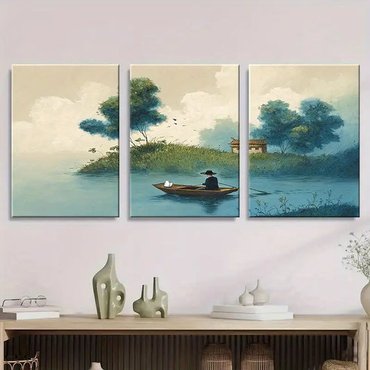 3pcs A Small Boat On The River, Metal Print Ready to Hang Art