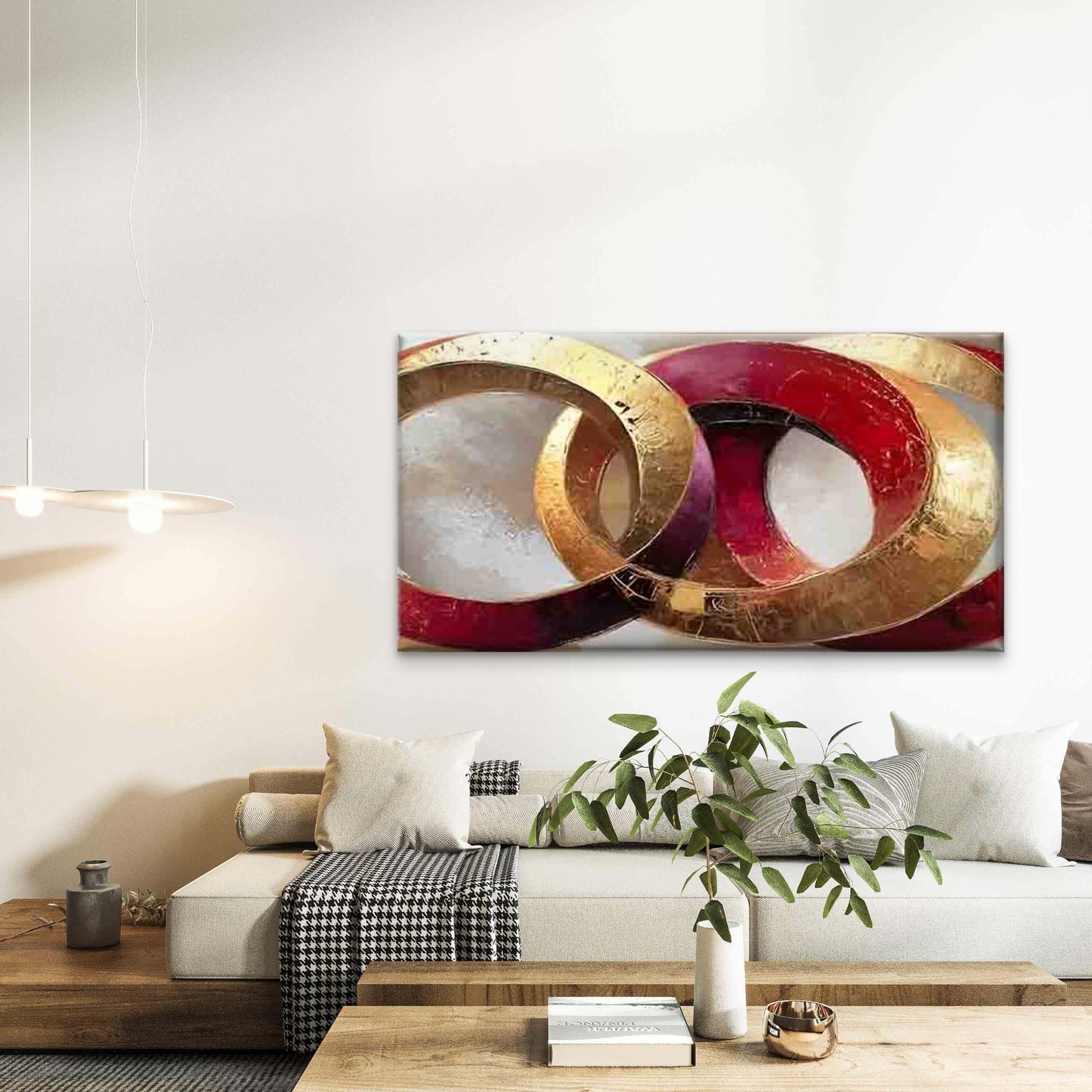 Red and Golden Interwoven Circl Wall Art Canvas Office Home Room Framed 120x60cm - Bella Home Decor