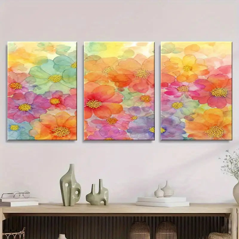 3pcs Pink Background With Multicolor Flowers  Metal Print Ready to Hang Art