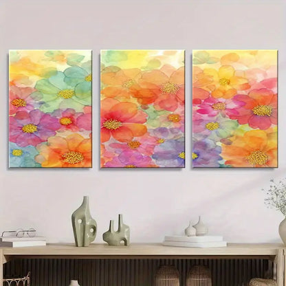 3pcs Pink Background With Multicolor Flowers  Metal Print Ready to Hang Art