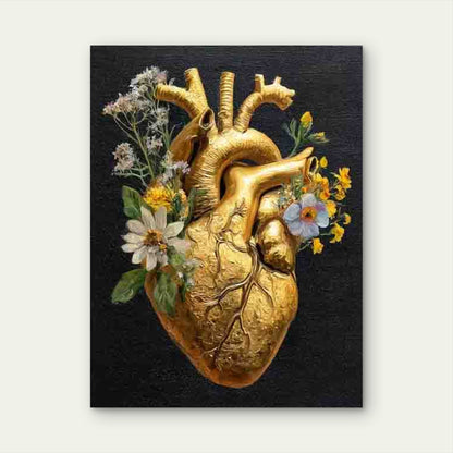 Human Heart Golden with Flowers Metal Print Ready to Hang