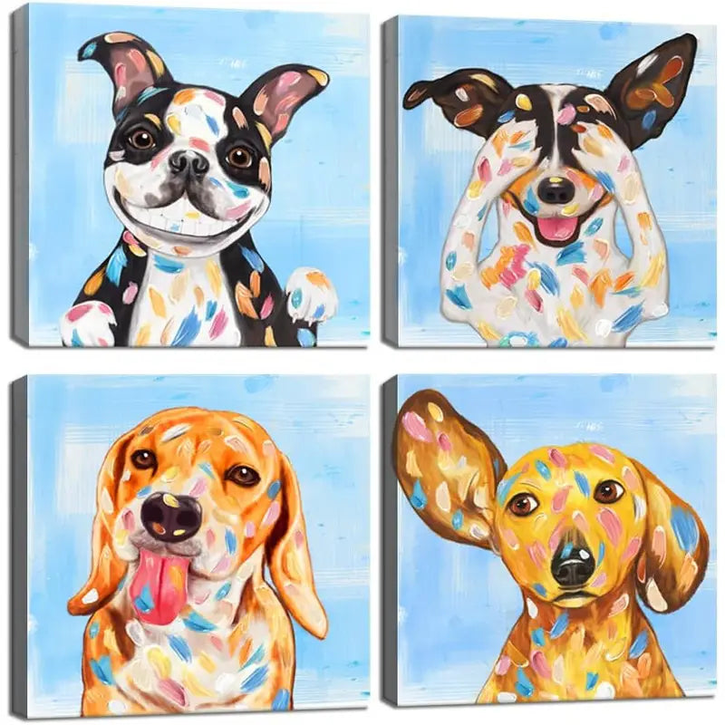 4pcs Playful Dog Paintings With Colorful Splatte Wall Art Canvas Framed