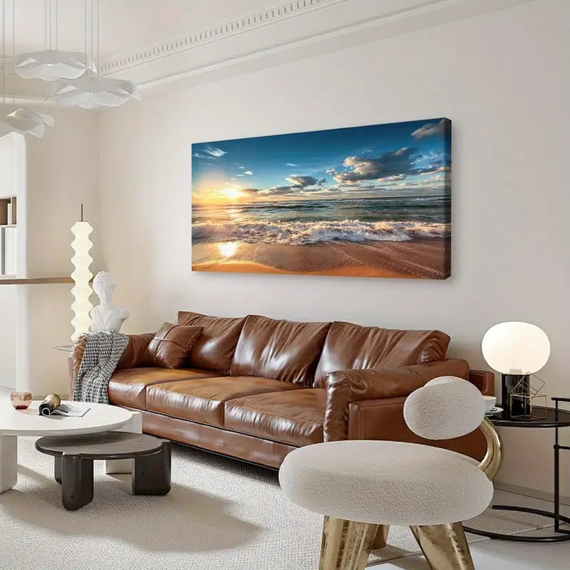 Beach Sunset Ocean Coastal White Clouds Wall Art canvas office home room framed 120x60cm - Bella Home Decor