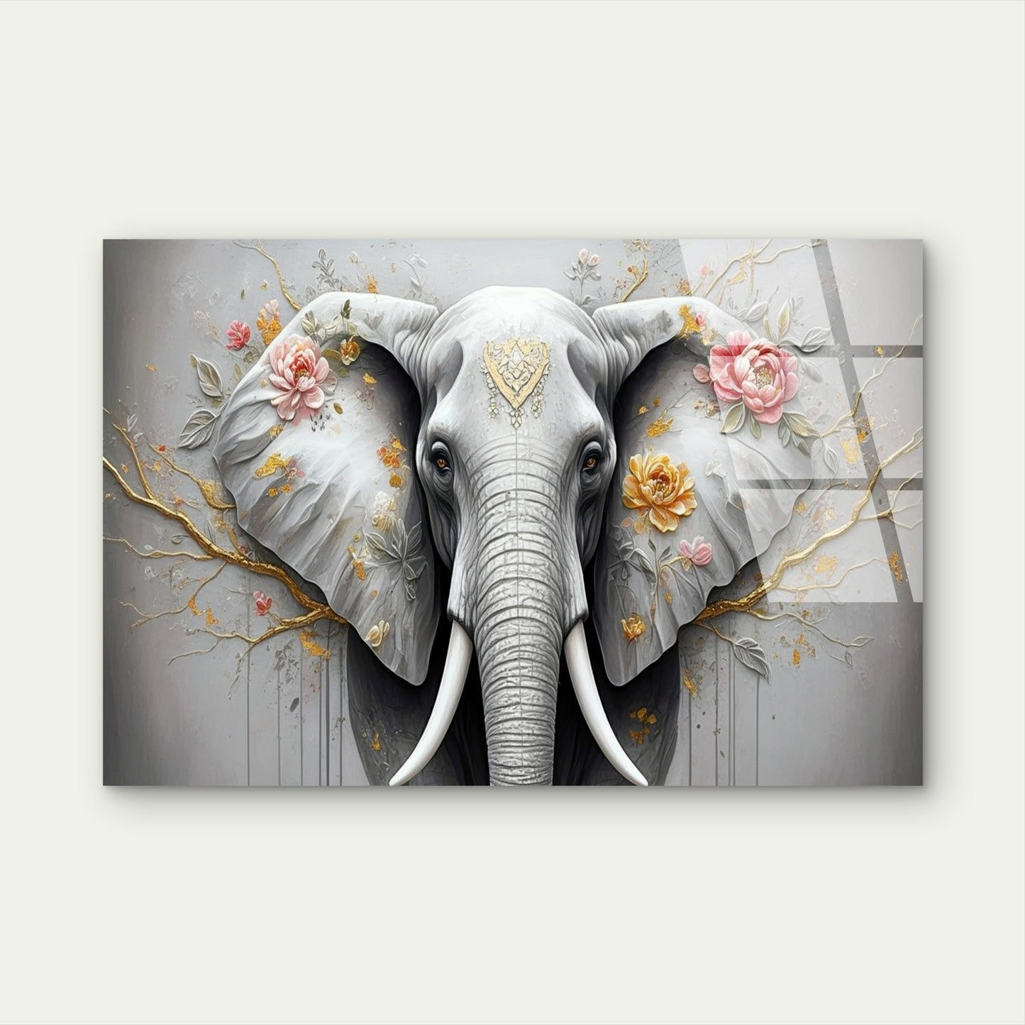 Elephant Portrait Gold Floral Abstract   Acrylic Glass Printing Wall Art Australian Made Quality
