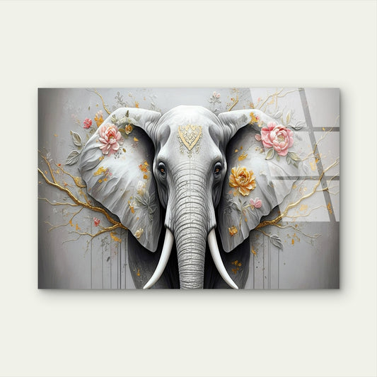 Elephant Portrait Gold Floral Abstract   Acrylic Glass Printing Wall Art Australian Made Quality