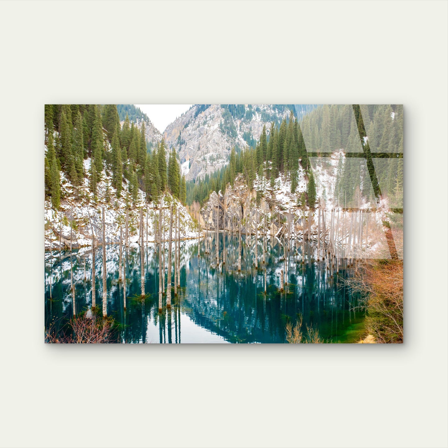 Kaindy Lake Sunken Forest Snow Mountains Pine Trees Reflections Winter Landscape Acrylic Glass Printing Wall Art Australian Made Quality