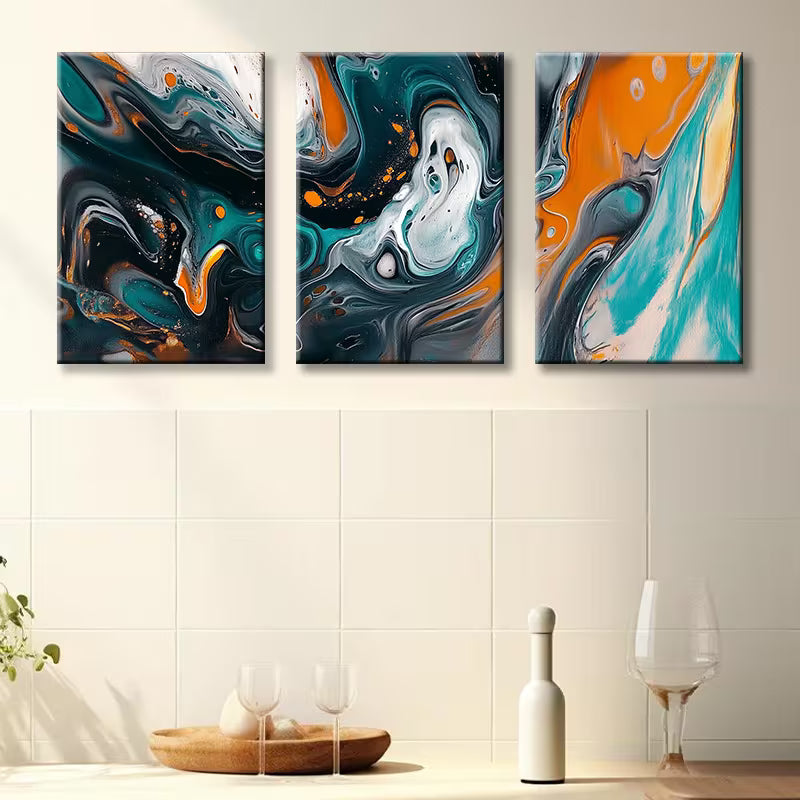 3pcs Turquoise and Orange Abstract Oil Painting Wall Art Set Canvas Framed 40x60cm - High Quality Print 100 % Australian Made Wall Canvas Ready to Hang