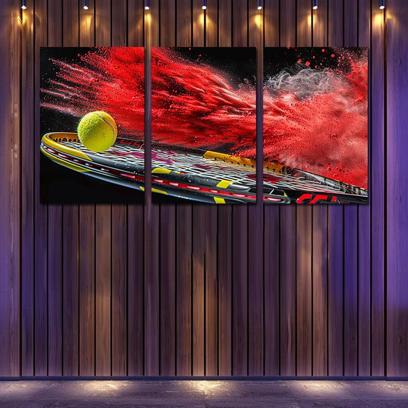 3pcs yellow tennis ball impacting a racket Wall Art Set Canvas Framed 50x70cm - High Quality Print 100% Australian Made Wall Canvas Ready to Hang