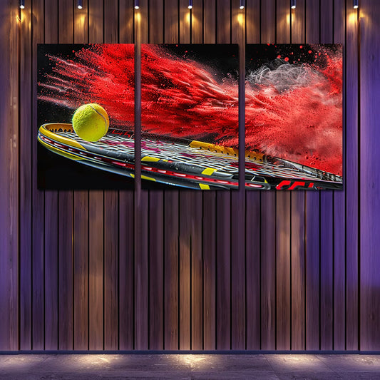 3pcs yellow tennis ball impacting a racket Wall Art Set Canvas Framed 60x90cm - High Quality Print 100% Australian Made Wall Canvas Ready to Hang