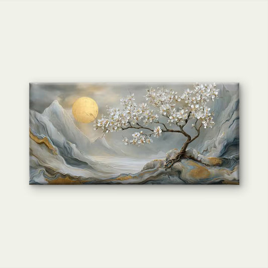 Golden Moon & White Floral Tree Wall Art Canvas Office Home Room Framed 120x60cm