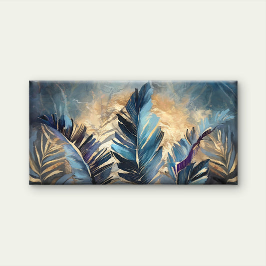 Blue Gold Tropical Feather Wall Art Canvas Office Home Room Framed 120x60cm
