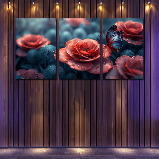 3pcs Pink Rose and Butterfly Wall Art Set Canvas Framed 50x70cm - High Quality Print 100% Australian Made Wall Canvas Ready to Hang