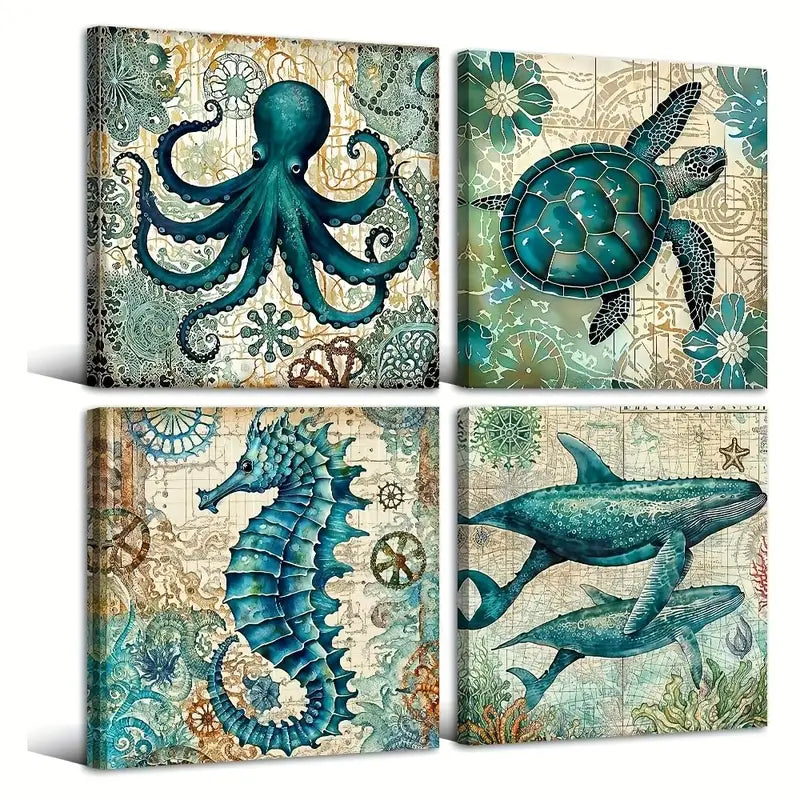 4pcs turtles octopus sea horses whale  Wall Art Canvas Framed - Bella Home Decor