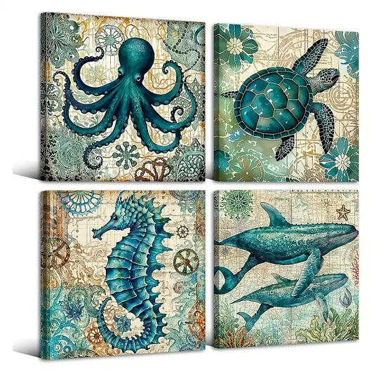 4pcs turtles octopus sea horses whale  Wall Art Canvas Framed