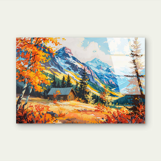Orange Autumn Cabin Mountain Glass Printing Wall Art Australian Made Quality
