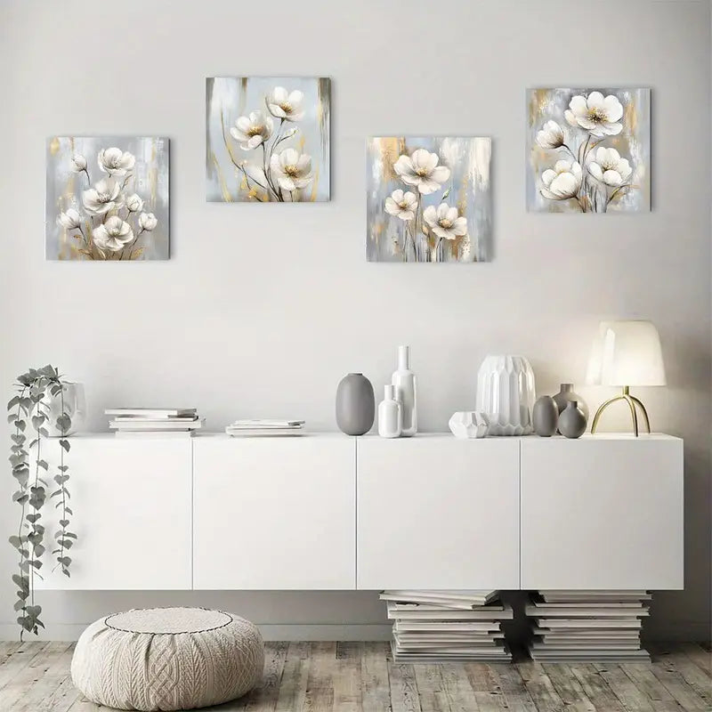 4pcs Blooming Flowers With Golden Accents Wall Art Canvas Framed