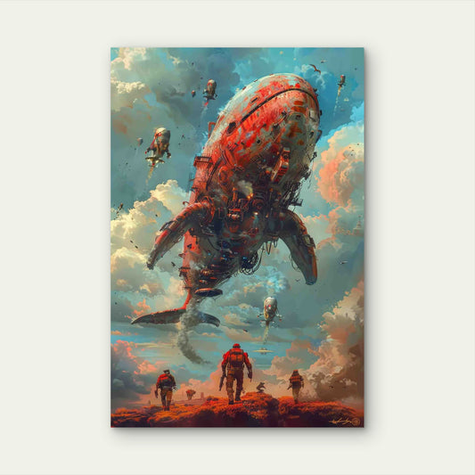 Futuristic Cyberpunk Sky with Mechanical Whales 60x90cm Metal Print Ready to Hang