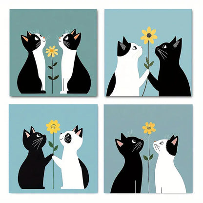 4pcs   Abstract Black and white cat FG Wall Art Canvas Framed