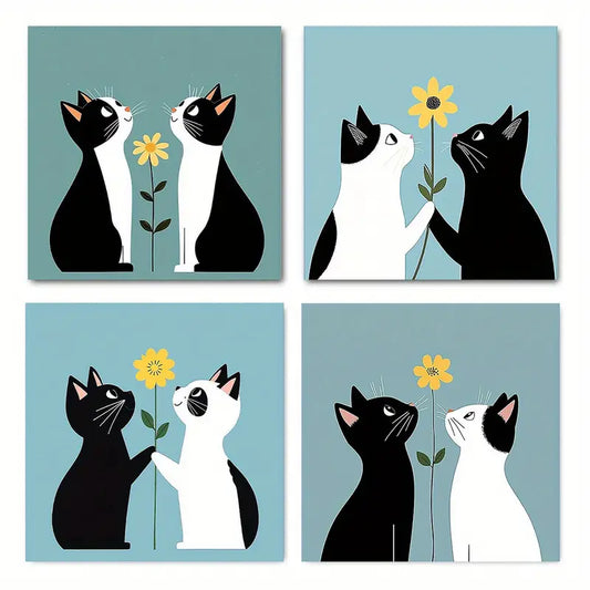 4pcs   Abstract Black and white cat FG Wall Art Canvas Framed