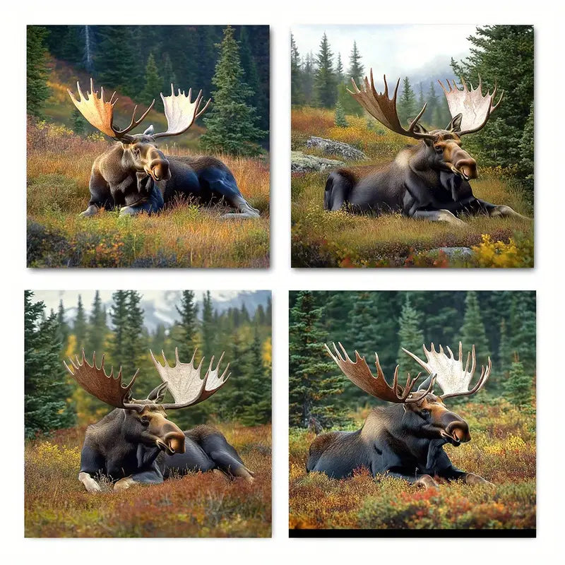 4pcs Moose Deer Fores Elegant Wall Art Canvas Framed