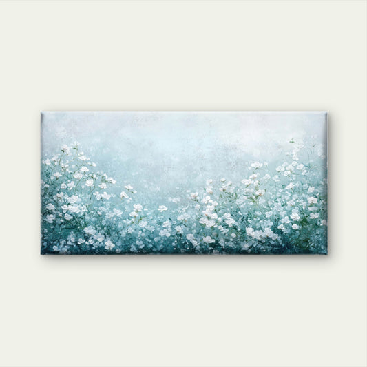 White Blooms Blue Mist Wall Art Canvas Office Home Room Framed 120x60cm