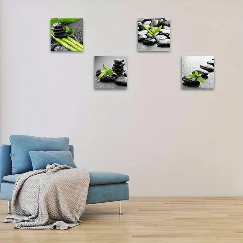 4pcs Serene Black & White Stone Design With Gree Wall Art Canvas Framed