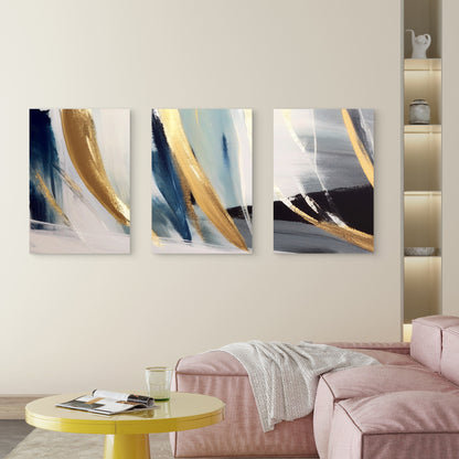 3pcs Navy Gold Foil Metallic Luxury Fluid  Wall Art Set Canvas Framed 50x70cm - High Quality Print 100% Australian Made Wall Canvas Ready to Hang