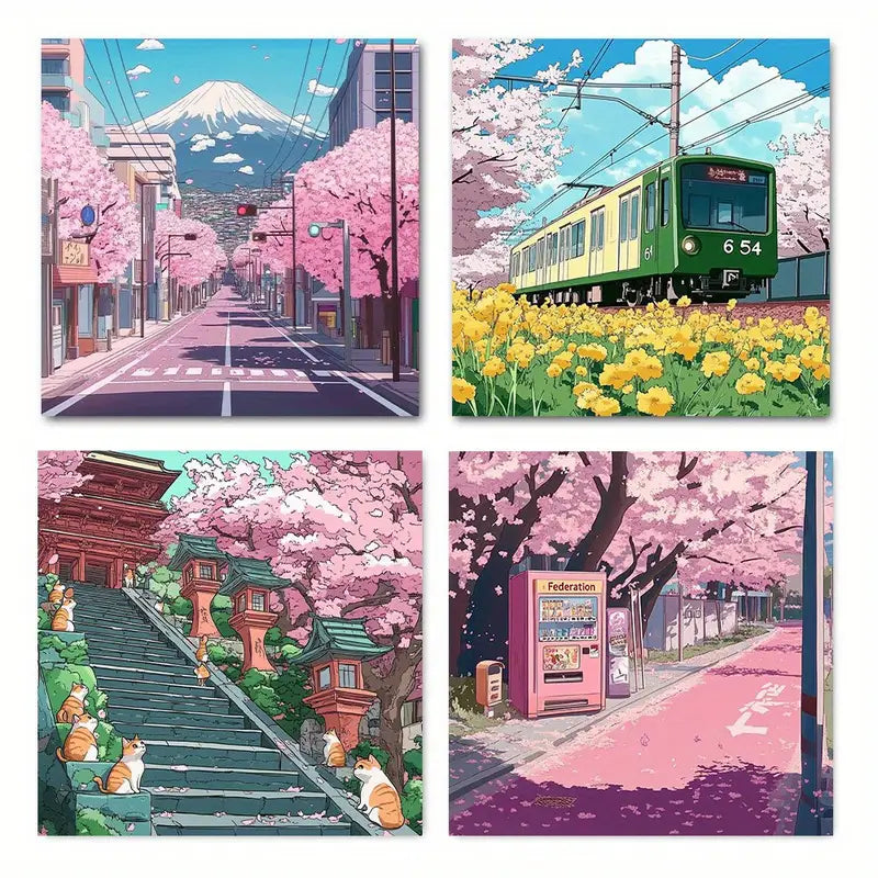 4pcs Blossom Road in Japanese City   Wall Art WD  Wall Art Canvas Framed