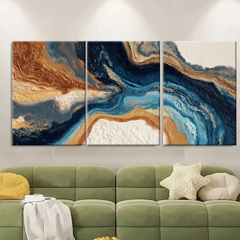3pcs Modern Abstract Seamless Beige Blue Wall Art Set Canvas Framed 60x90cm - High Quality Print 100% Australian Made Wall Canvas Ready to Hang